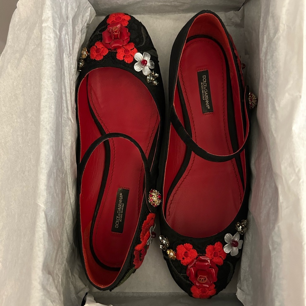 Dolce & Gabbana Black Brocade Embellished Mary Jane Ballerina Flats, size EU38.5 - Picture 12 of 16